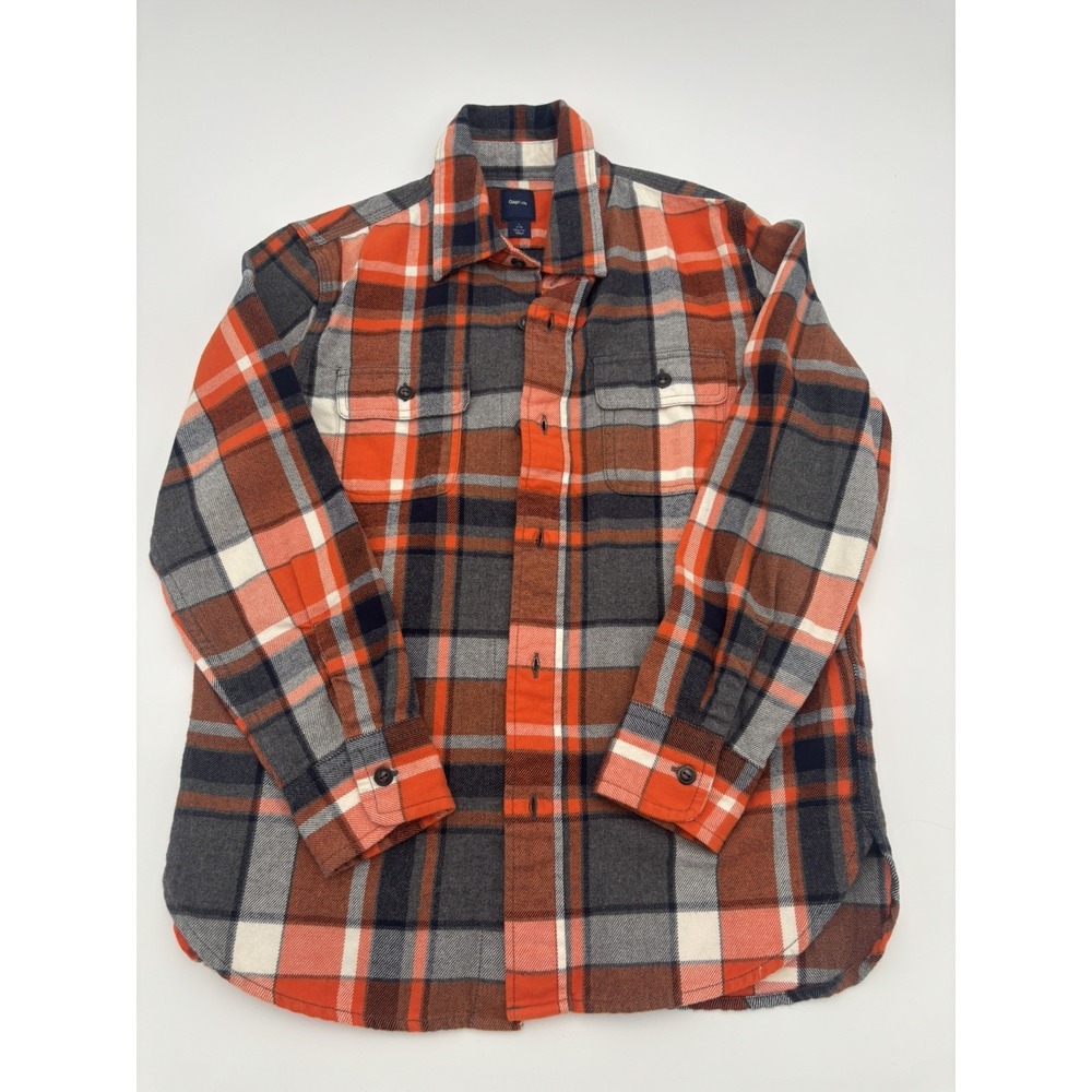 Gap Kids 10 Orange Blue Plaid Flannel Organic Cotton Button Down Shirt